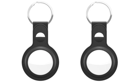 Shop KeyBudz AT2_S1_BLK black leather AirTag keyrings. 2-pack with genuine leather holders, metal rings and secure snap closures for Apple AirTag.