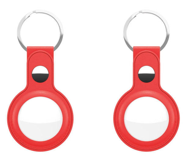 Shop KeyBudz AT2_S1_RED red leather AirTag keyrings. 2-pack with genuine leather holders, metal hardware and secure snap closures for Apple AirTag.
