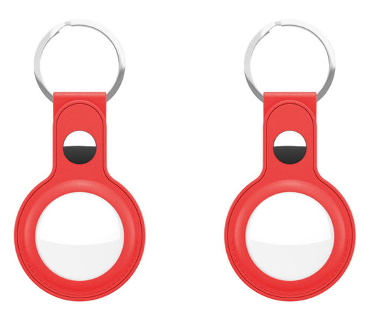 Shop KeyBudz AT2_S1_RED red leather AirTag keyrings. 2-pack with genuine leather holders, metal hardware and secure snap closures for Apple AirTag.