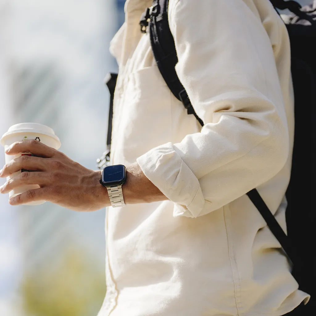 KeyBudz Spectra stainless steel Apple Watch band for everyday wear with coffee