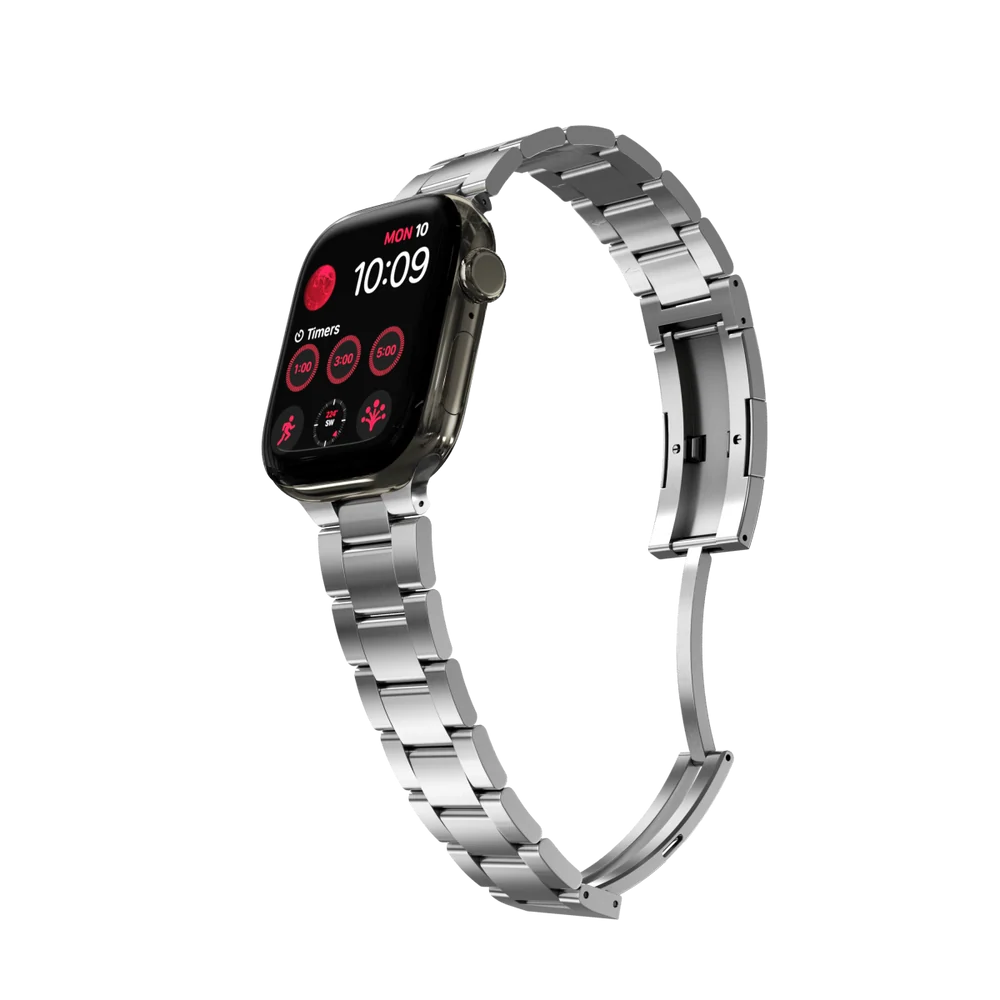 KeyBudz Spectra stainless steel Apple Watch band with deployant clasp open
