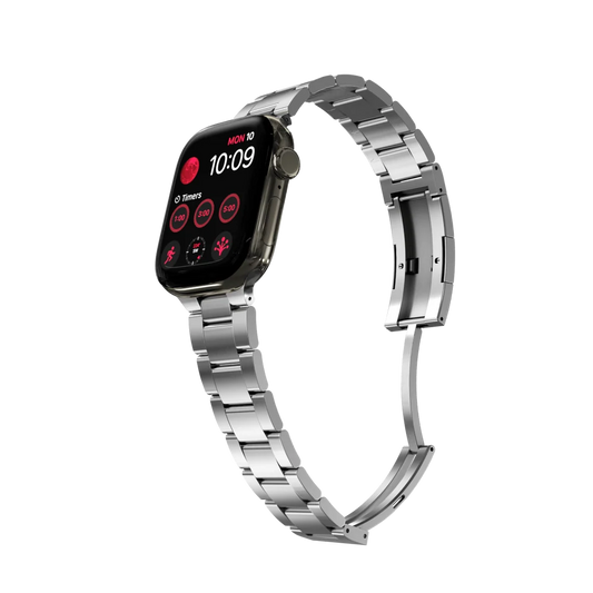 KeyBudz Spectra stainless steel Apple Watch band with deployant clasp open