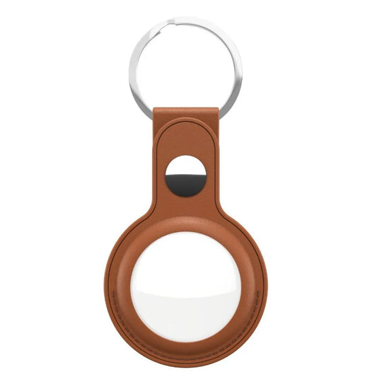 A brown leather magnifying glass keychain with a silver metal split ring, shown on a solid white background.