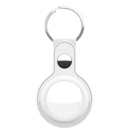 Shop KeyBudz AT2_S1_WHT white leather AirTag keyrings. Includes 2 genuine leather holders with metal rings and secure snap closures.