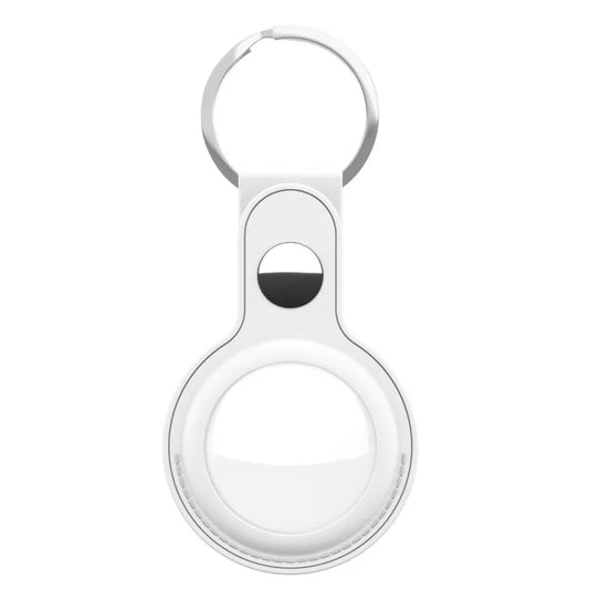 Shop KeyBudz AT2_S1_WHT white leather AirTag keyrings. Includes 2 genuine leather holders with metal rings and secure snap closures.