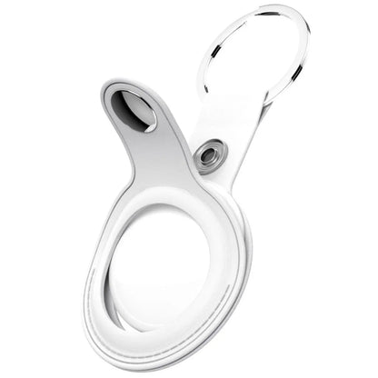 Shop KeyBudz AT2_S1_WHT white leather AirTag keyrings. Includes 2 genuine leather holders with metal rings and secure snap closures.