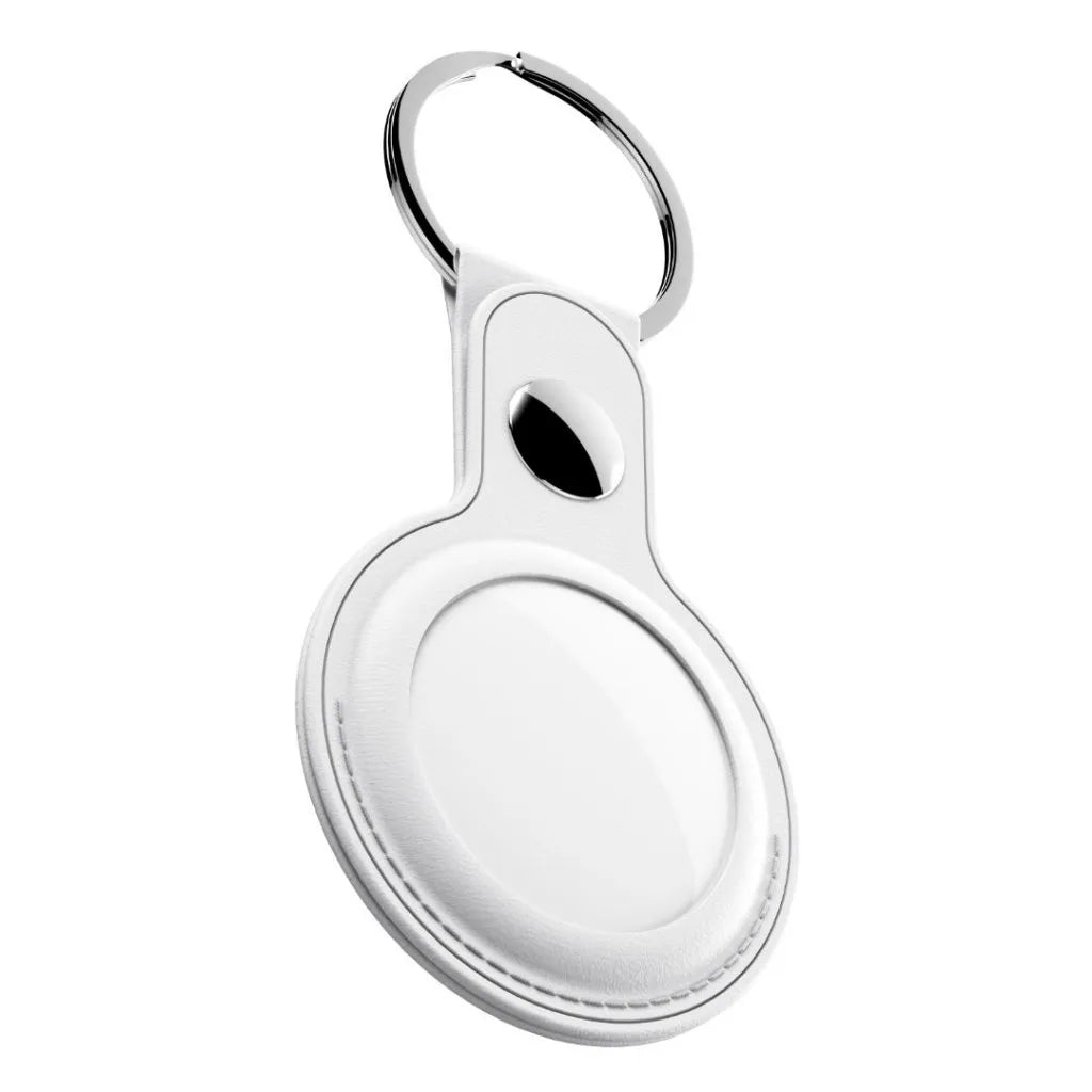 Shop KeyBudz AT2_S1_WHT white leather AirTag keyrings. Includes 2 genuine leather holders with metal rings and secure snap closures.