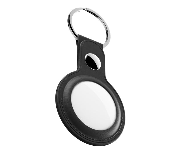 Shop KeyBudz AT2_S1_BLK black leather AirTag keyrings. 2-pack with genuine leather holders, metal rings and secure snap closures for Apple AirTag.