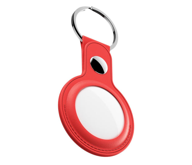 Shop KeyBudz AT2_S1_RED red leather AirTag keyrings. 2-pack with genuine leather holders, metal hardware and secure snap closures for Apple AirTag.