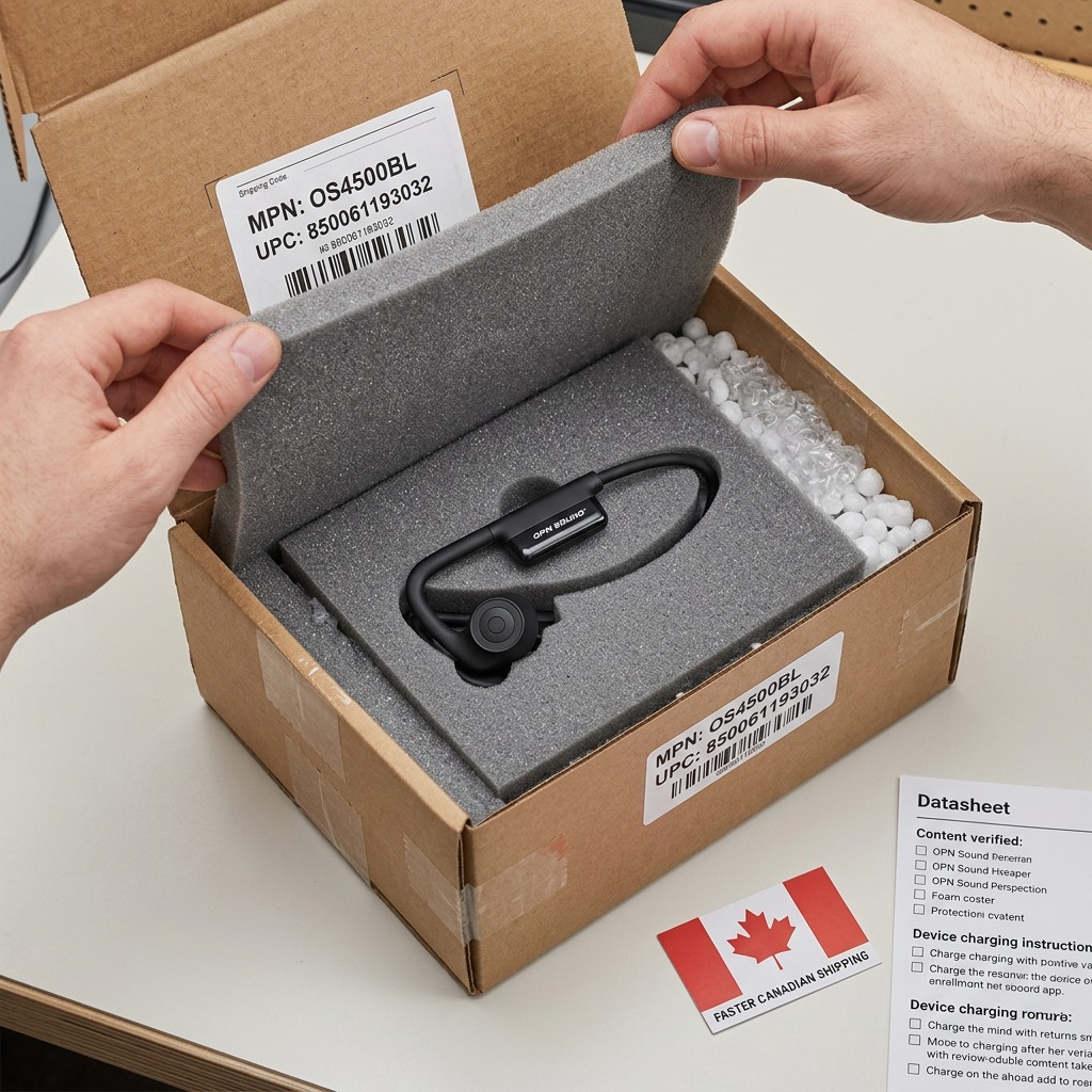 Unboxing OPN Sound Dashlyte+ headphones from a well-padded shipping box filled with void-fill. OPN Sound Dashlyte+ headphones with USB-C charging cable and silicone strap