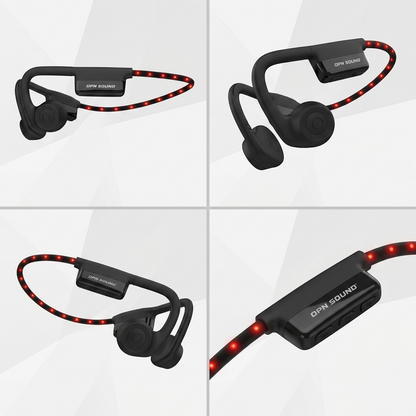 A matrix image featuring the OPN Sound open-ear headphones from four different angles.  OPN Sound Dashlyte+ headphones with rear LED safety lights