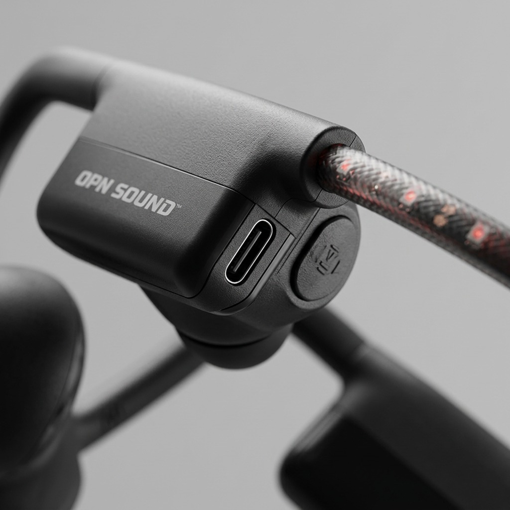 Macro view of OPN Sound Dashlyte+, highlighting USB-C port, power button, and text print. OPN Sound Dashlyte+ open-ear directional audio headphones angled view