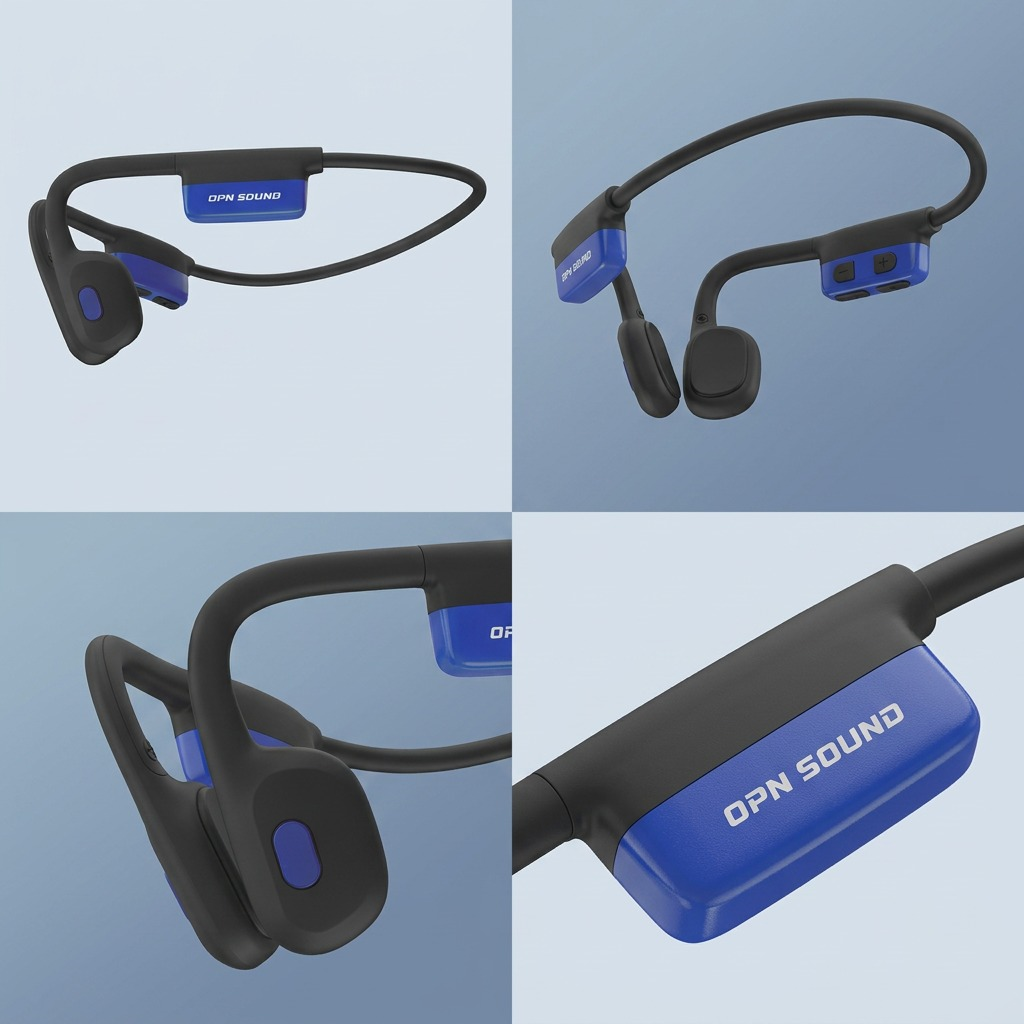 A 2x2 grid matrix showing four identical OPN Sound Mezzo+ bone conduction headphones in black and blue from different angles. OPN Sound Mezzo+ bone conduction headphones 