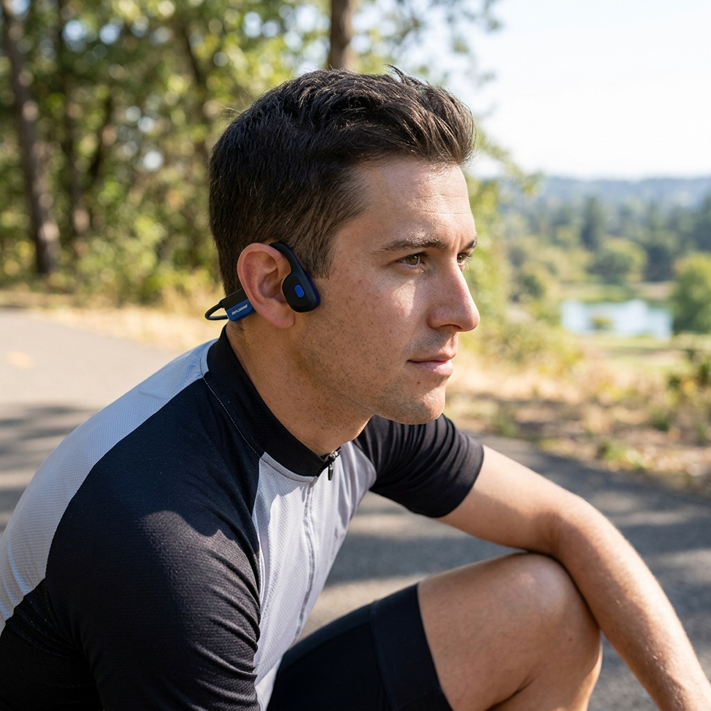 A close-up photograph of one OPN Sound Mezzo+ headphone worn by a casual cyclist during a break on a paved trail. Natural light highlights the matte frame, small blue OPN Sound logo, and the ear-bud rest placement in front of the ear. The cyclist wears a jersey; blurred trees and a distant lake are in the sunlit background.  OPN Sound Mezzo+ bone conduction headphones worn during outdoor exercise