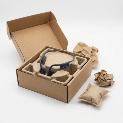 Unboxing: OPN Sound Mezzo+ headphones secured in protective molded foam within a plain delivery box. OPN Sound Mezzo+ headphones with USB-C cable and earplugs