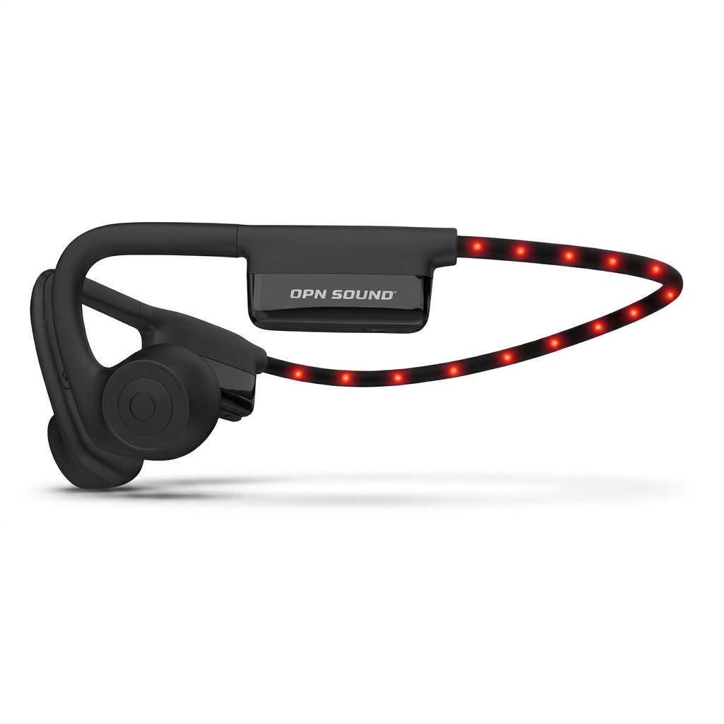 OPN Sound Dashlyte+ matte black open-ear headphones with red LED strip on white background. OPN Sound OS4500BL Dashlyte+ black open-ear headphones with LED safety lights