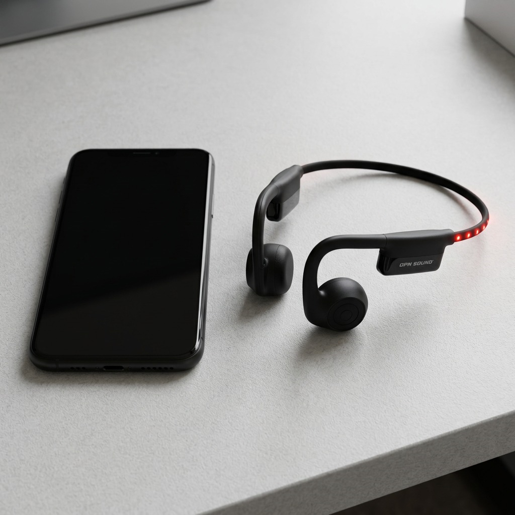 OPN Sound Dashlyte+ headphones (OS4500BL) and a black sports watch on a white desk, showing size. OPN Sound OS4500BL Dashlyte+ black open-ear headphones with LED safety lights