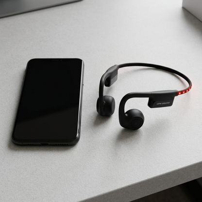 OPN Sound Dashlyte+ headphones (OS4500BL) and a black sports watch on a white desk, showing size. OPN Sound OS4500BL Dashlyte+ black open-ear headphones with LED safety lights