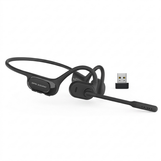 Pure high-resolution hero shot of the OPN Sound Chat Pro headset with USB dongle on a white background. OPN Sound OS5050BL Chat Pro open-ear wireless headset with USB dongle
