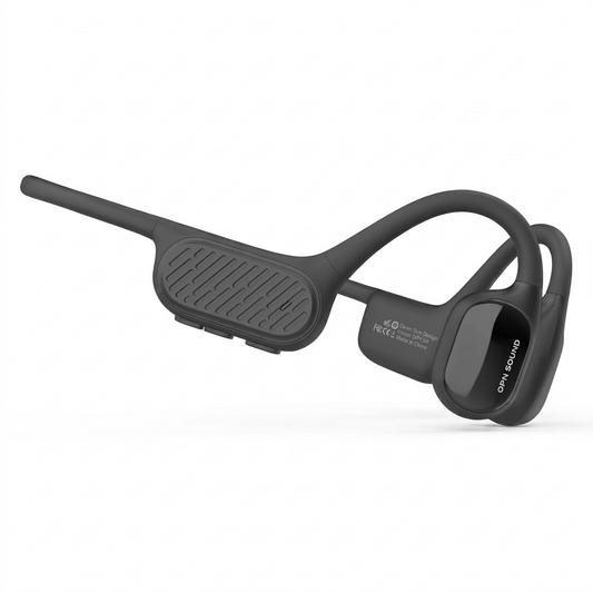 High-resolution hero shot of the dark gray OPN Sound Swym+ bone conduction headphones on a pure white background. OPN Sound OS7000BL Swym+ black bone conduction headphones