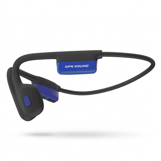 High-resolution 3/4 hero shot of the dark grey and blue OPN Sound Mezzo+ bone conduction headphones, viewed from the side on a pure white background. The "OPN SOUND" text is visible on the blue right earpiece section. OPN Sound OS8000BL Mezzo+ black and blue bone conduction headphones
