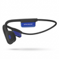 High-resolution 3/4 hero shot of the dark grey and blue OPN Sound Mezzo+ bone conduction headphones, viewed from the side on a pure white background. The "OPN SOUND" text is visible on the blue right earpiece section. OPN Sound OS8000BL Mezzo+ black and blue bone conduction headphones