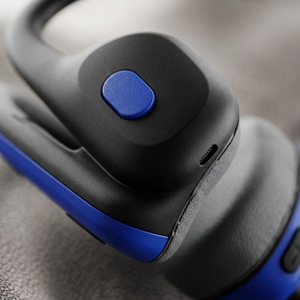 An extreme close-up of the OPN Sound Mezzo+'s earpiece, showing the textured blue button and a USB-C port against a fabric background. OPN Sound OS8000BL Mezzo+ black and blue bone conduction headphones