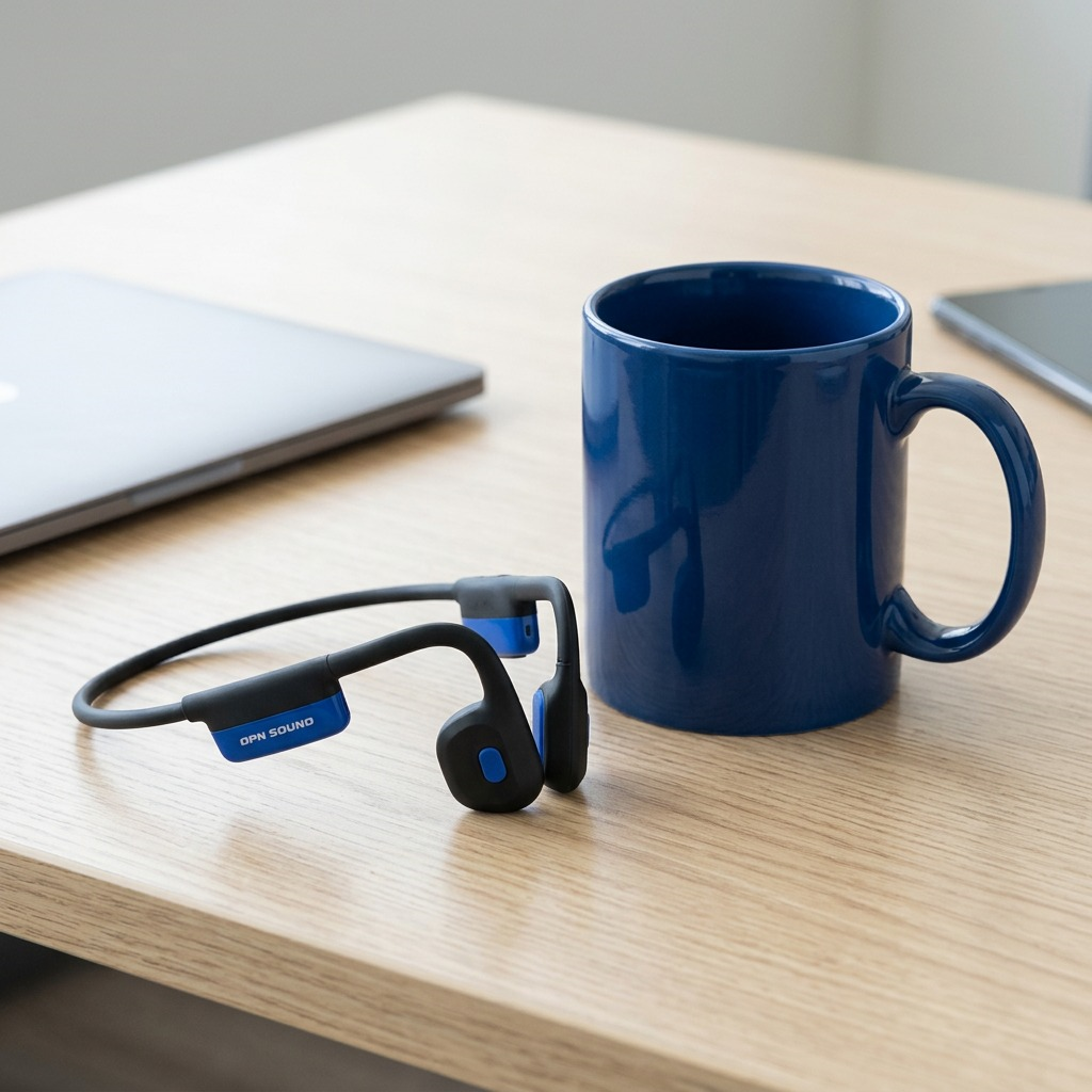 A scale-reference image of OPN Sound Mezzo+ bone conduction headphones beside a standard coffee mug. OPN Sound OS8000BL Mezzo+ black and blue bone conduction headphones