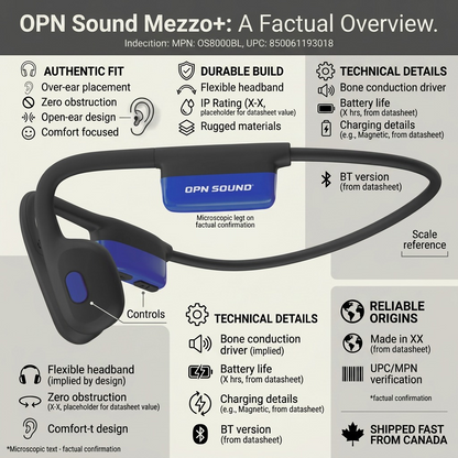 Factual authority infographic for OPN Sound Mezzo+ (OS8000BL, 850061193018) with icons, short cues, and fast Canadian shipping.  OPN Sound OS8000BL Mezzo+ black and blue bone conduction headphones