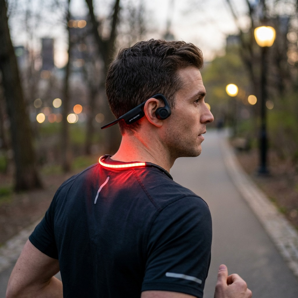 Runner wearing OPN Sound Dashlyte+ headphones with rear LED safety lights