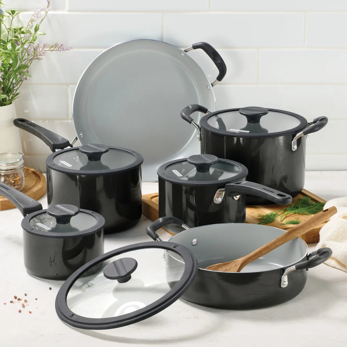 Tramontina Dark Gray ceramic nonstick cookware set in kitchen