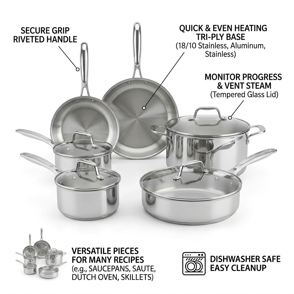 Feature infographic for Tramontina 10-piece set showing heat distribution and comfort handles.