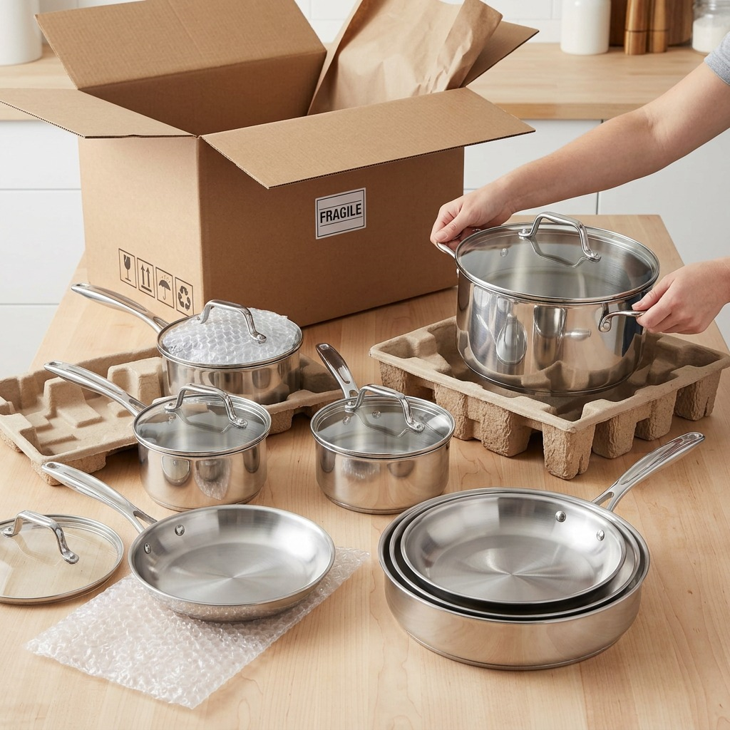 Detailed product-led photo of Tramontina cookware set securely unboxed from protective neutral packaging on a countertop. Tramontina Tempo 10-piece stainless steel cookware set