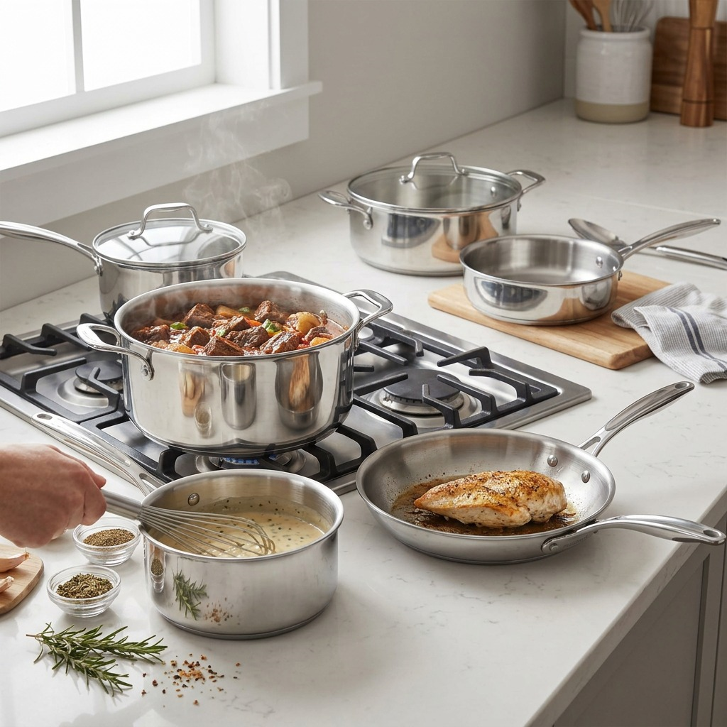 Tramontina Tempo stainless steel cookware set in use on kitchen cooktop